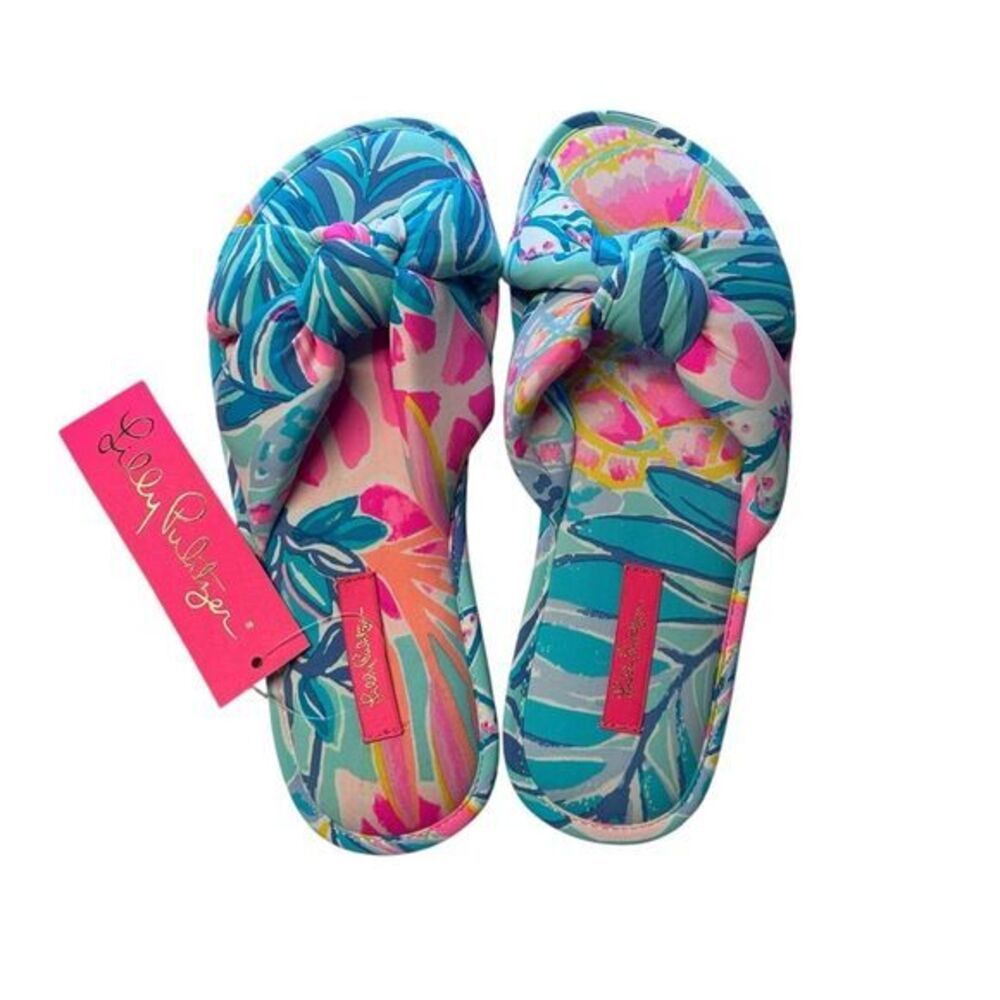 Lilly‎ Pulitzer S/M Pool Slipper Slides Aqua Pink Rainforest Retreat Resortwear